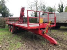 Flat bed twin axle bag trailer 8m x 2.5m with central 1t PTO driven HIAB and stabilising legs on 9.0