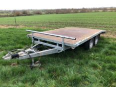 Blue line 11ft twin axle beaver tail trailer with ramps. No VAT.