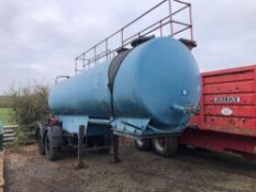 15,500l water bowser, rubber lined, twin axle on 20/10.00R20 rear wheels and tyres c/w 2