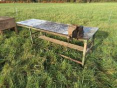 Metal frame work bench with wooden top and vice