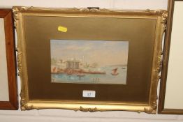 Watercolour study of a continental river scene con