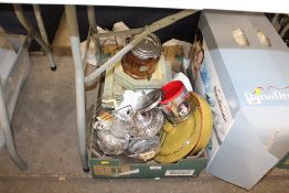A box containing various china, an oak and silver