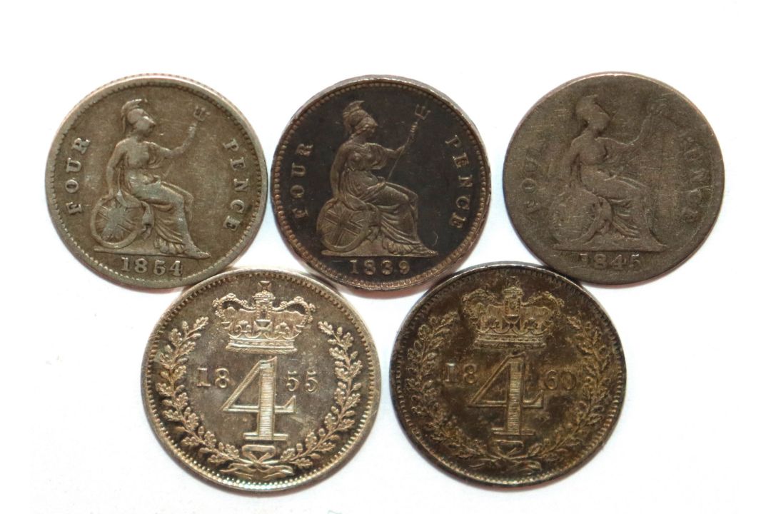 Five Victorian groats, including two Maundy fourpence pieces - Image 1 of 3