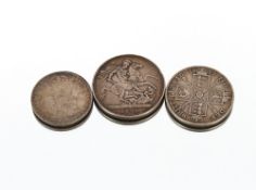 A Victorian silver crown, 1890; a double Florin 1889; and a 1890 half crown