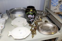 A collection of silver plated ware, two candle sco