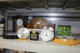 An oak cased two hole mantel clock and various oth