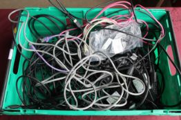A crate containing a quantity of cables to include, Ethernet, HDMI, power supply, etc. SUBJECT TO