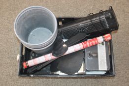 A box containing various office supplies to include 5x metal waste paper bins, laminator, key