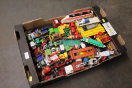 A collection of mostly die-cast Matchbox and other play worn vehicles, mostly haulage related,