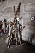 Quantity of gardening tools including topiary shears, sythes etc. NO VAT