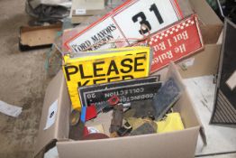 Box containing various signs. To include Perkins,