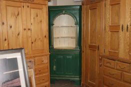 A painted pine barrel back corner cupboard, 96cm w