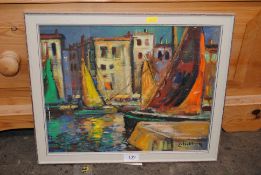 Jack Eichorn, oil on board sailing vessels moored