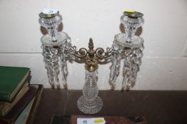 A Victorian cut glass two light candelabra, hung w
