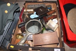 A box of miscellaneous items including plated hand