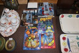 Three Marvel Action Figures; Spiderman, Dr Who, X-