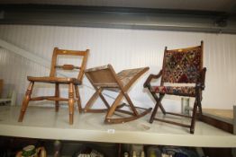 A child's bar back chair, a rocking stool and chil