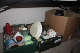 Two boxes containing various decorative pottery an