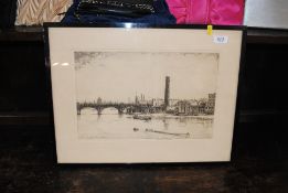 Kenneth Thomas, pencil signed etching of a Thames River scene