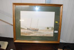 A watercolour study of a fishing vessel at low tid