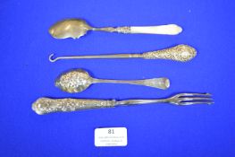 Silver Handled Pickle Fork, Button Hooks, and Spoons
