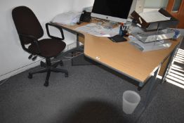 *Light Oak Effect L-Shape Worktable with Righthand Return, and a Brown Swivel Chair