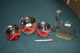 Three Ethnic Pots and an Elephant Candlestick