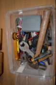 Box of Assorted Tools Including Hammers, Scissors, Chisels, etc.