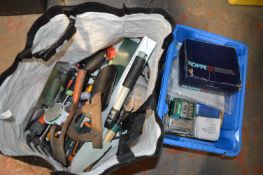 Box and Bag Containing Gardening Tools, Screws, etc.