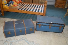 Two Vintage Blue Travel Trunks