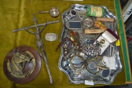 Tray Lot of Metal Collectibles Including a Crucifi