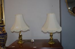Pair of Brass Table Lamps with Cream Shades