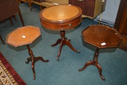 Leather Topped Drum Table and Two Wine Tables