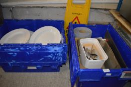 Assorted White Plates, Ramekins, Cutlery, etc. (Boxes not included)