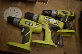*Three Ryobi Cordless Drills (no charger or batteries)