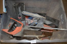 *Box of Assorted Builder’s Tools to Include Floats, Heated Adhesive Trowels, Hand Saws, etc.