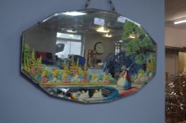 Vintage Beveled Edge Mirror with Painted Garden Sc