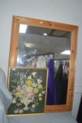 Pine Framed Mirror and a Woolwork Picture