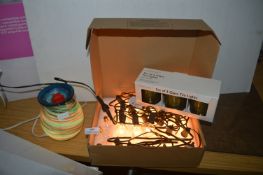 Set of String Lights, Set of Glass Tealights, and