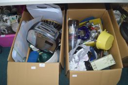 Two Boxes of Kitchenware Including Pans, Plates, U