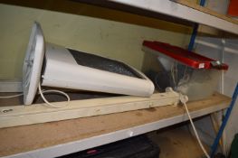 Contents of Shelf to Include Heater, Two Fluorescent Light Fittings, and a Box of Speakers