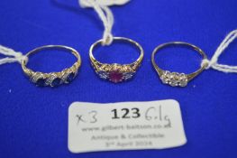 Three 9ct Gold Rings Including Two with Diamonds Size: R, S, and U ~6.1g gross