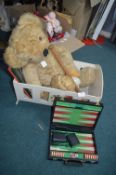 Vintage Toy Cot, Teddy Bear, and Assorted Items