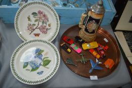 Copper Tray, Diecast Vehicles, and Two Portmeirion