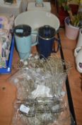 Curtain String Lights, Two Thermos Mugs, and Salad