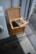Wooden Fishing Box Containing Tackle, Chevron 12ft