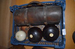 Three H.J. Shell Lawn Boules with Bag