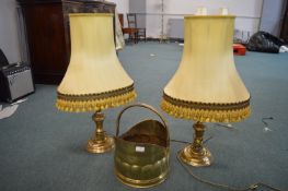 Two Brass Table Lamp Bases plus Brass Coal Scuttle