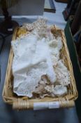 Basket of Linens and Crochet Work