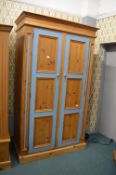 Solid Pine Double Wardrobe with Part Painted Blue